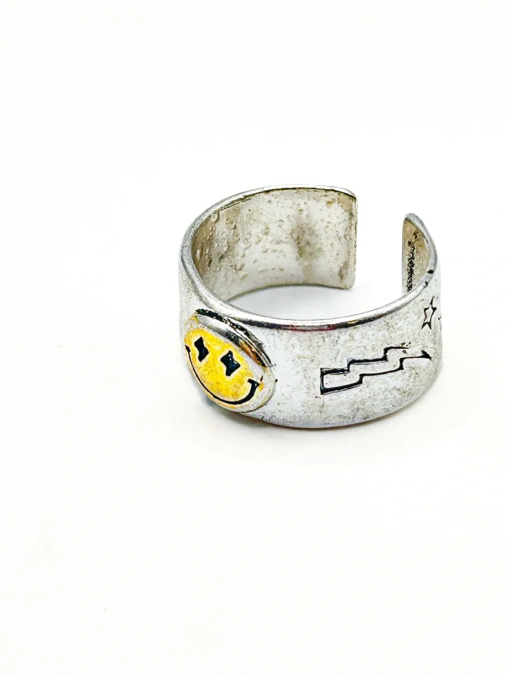 S925 Sterling Silver Smiley Face Adjustable Ring | Lightning Bolt Star Wide Band